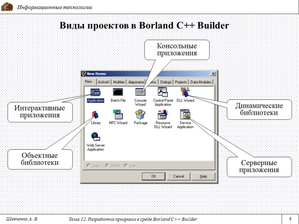 Информационные технологии Тема 12. Разработка программ в среде Borland C++ Builder 5 Виды проектов